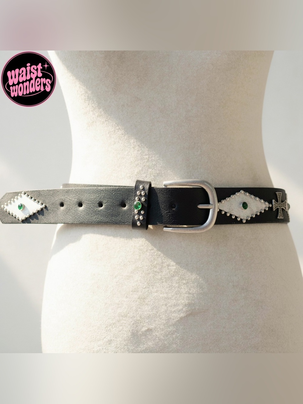 Black leather belt with silver studs, cross charms and green rhinestones